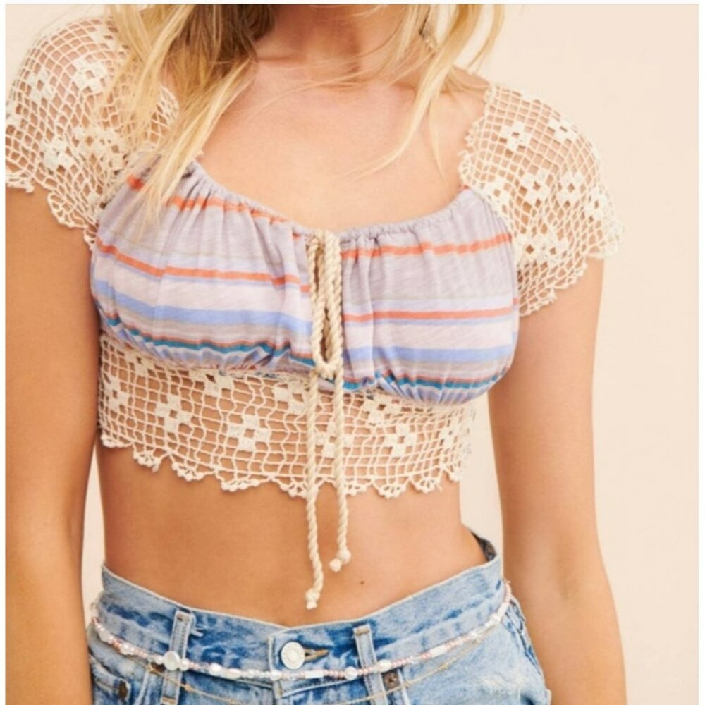 Free People Women's Aruba Crochet Multicolor Striped Crop Top Size Large